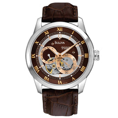 Bulova Men's Classic Sutton 4-Hand Automatic Watch, 24-Hour Sub Dial, Open Aperture, Self-Winding, Exhibition Caseback, Double Curved Mineral Crystal, Luminous Hands, 42mm - brown
