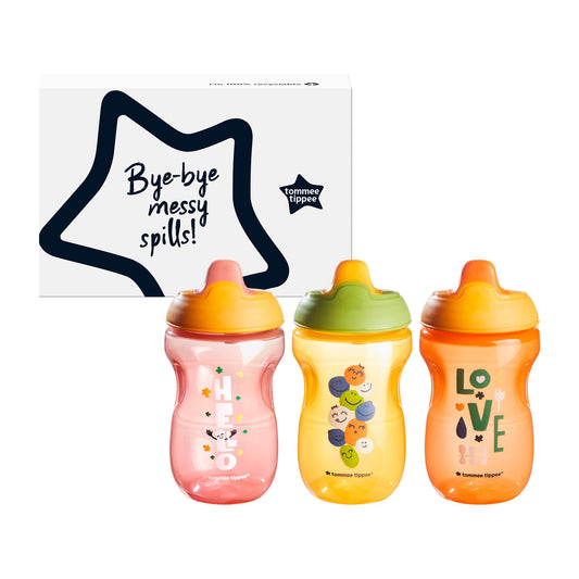 Tommee Tippee Sippee Cup, Water Bottle for Toddlers, Spill-Proof, BPA Free, Colorful and Playful Designs, 10oz, 9m+, Pack of 3, Pink, Orange and Red