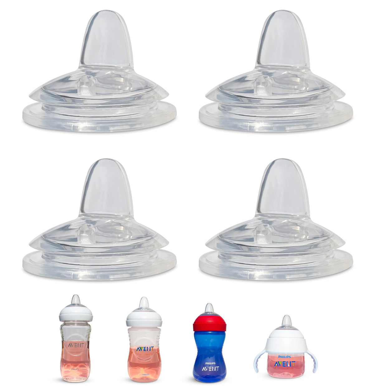 BelBeyo Sippy Spout for Philips Avent Natural Baby Bottles, My Grippy Spout Sippy Cup and Natural Trainer Sippy Cup | 4-Count | Soft Spout | Food Grade Silicone | Variable Flow (Sippy Spout )