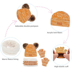 Kids Winter Hat Gloves Scarf Set for 2-6 Years Old - Warm Knit Pompom Beanie Cap Neck Warmer Gloves, Winter Warm Knitted Beanie Hat Scarf Gloves Set, Pure Plush - Yellow