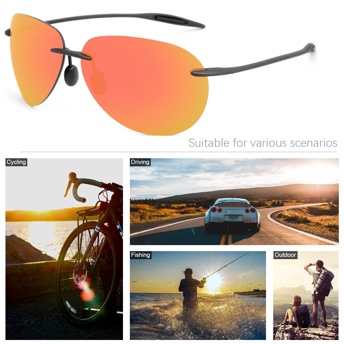 Polarized Sunglasses for Men Women Rimless Frame Driving Glasses UV400 Protection Mirror Lens Shades Sport Eyewear Eyeglasses