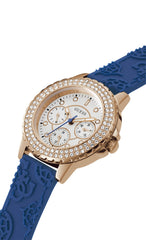 GUESS Ladies Sport Crystal Multifunction 36mm Watch – White Dial Rose Gold-Tone Stainless Steel Case with Blue Silicone Strap