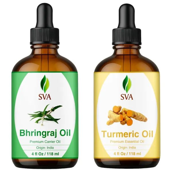 SVA ORGANICS Bhringraj and Turmeric Oil 4 oz Bundle Super Saver Combo – Premium Grade Value Set for Hair Oiling, Scalp Massage, Hair Care, Skin Care and Body Massage