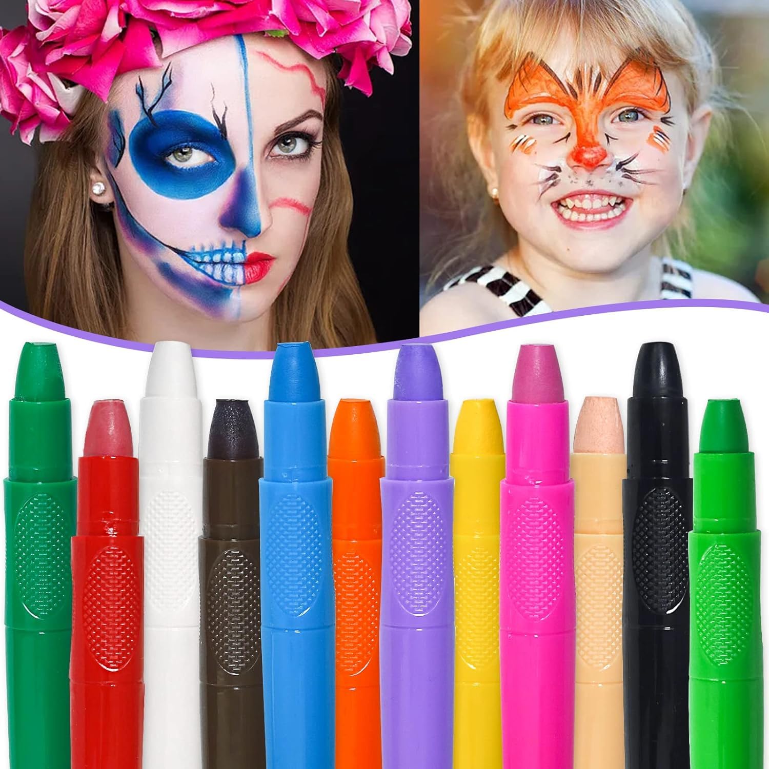 YHRY Face Body Paint Sticks Kit ,Face Paint Makeup Kit for Kids ,12 Color Water Based Face Body Painting Crayon Set ,Twistable Face Paint Marker Sticks for Art Theater Halloween Cosplay Clown Makeup