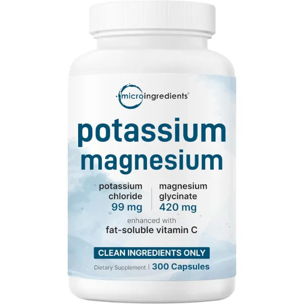 Micro Ingredient Pure Potassium Supplement with Magnesium Glycinate, 300 Capsules | Enhanced with Fat-Soluble Vitamin C | Chloride + Glycinate Mineral Electrolyte Complex | Only Active Ingredients | Filler Free