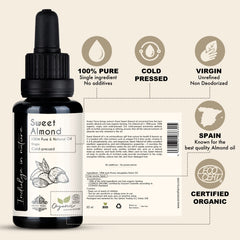 Aroma Tierra Sweet Almond Oil - 100% Pure Organic Cold Pressed Unrefined - For Face Skin Hair Body Nails - 30ml