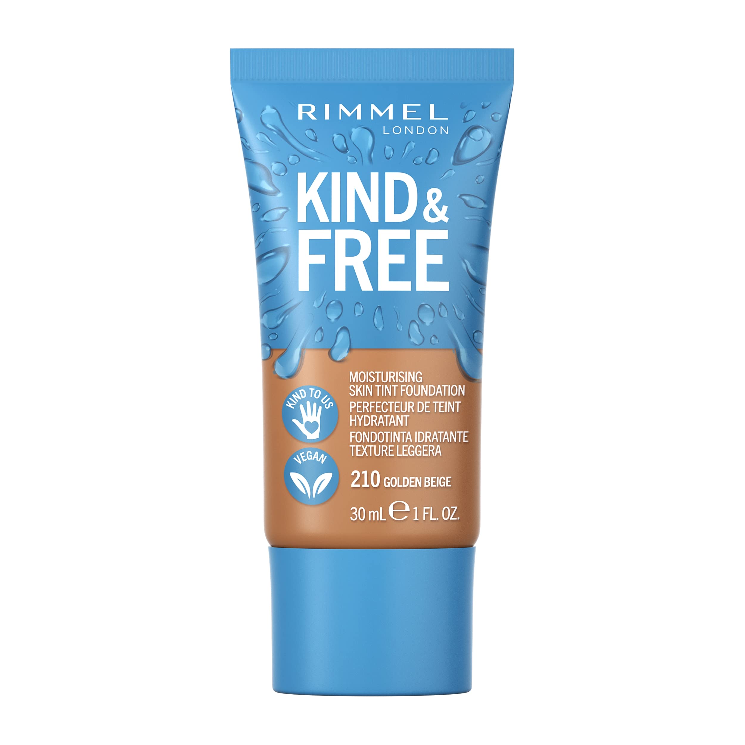 Rimmel KIND & FREE Skin Tint - Moisturising Foundation - With Vitamins E & B5 - Kind To Animals & Vegan - 30 ml, shade 210 Golden Beige