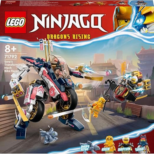 LEGO 71792 NINJAGO Sora's Transforming Mech Bike Racer, 2in1 Set with Transforming Mech Action Figure to Ninja Motorbike Toy for Kids, Boys, Girls, plus 3 Minifigures