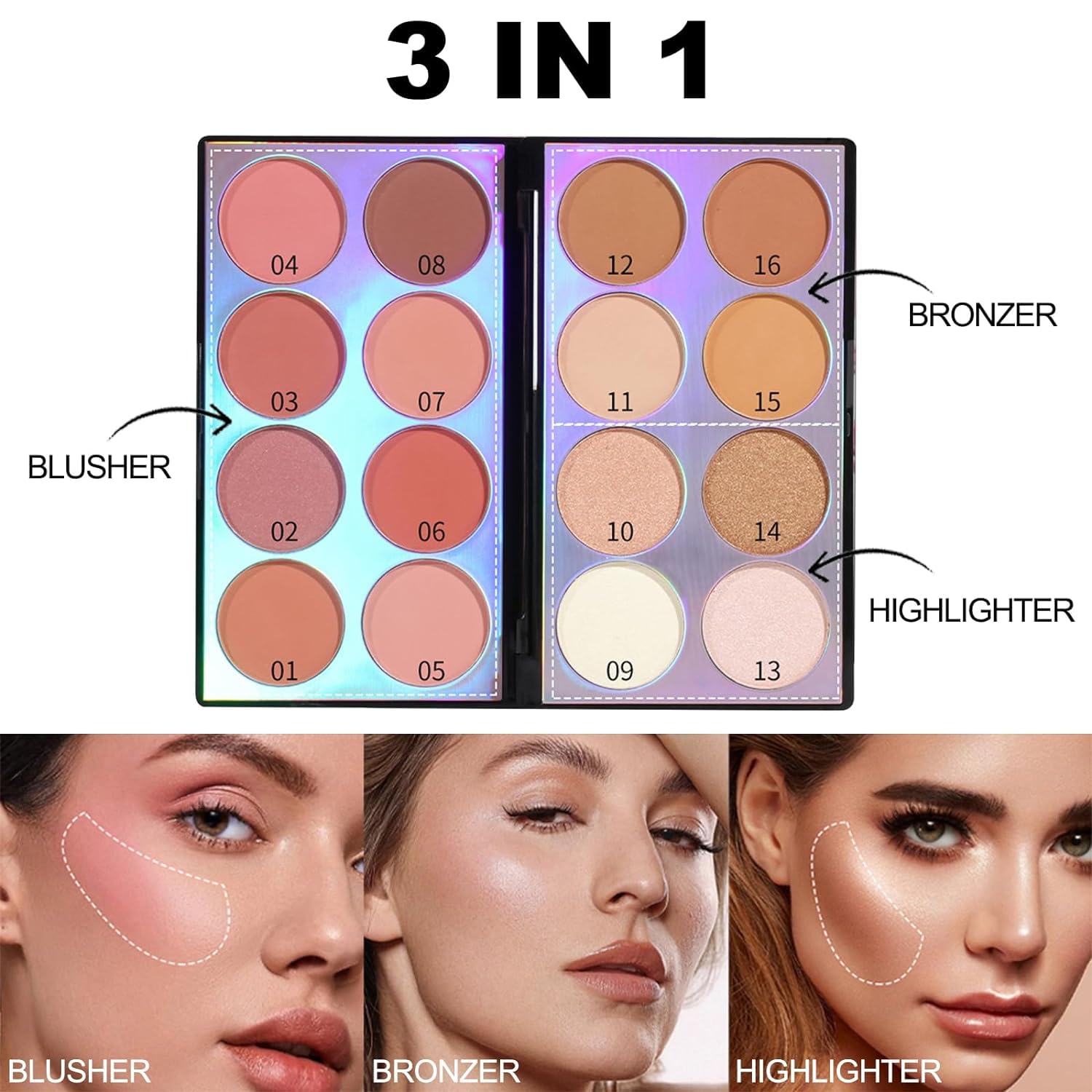 Azonee Blush Contour Highlighter Makeup Palette with Brush, 16 Colors Shimmer Face Blush Powder for Cheek, All-In-One Face Sculpting Blusher Palette