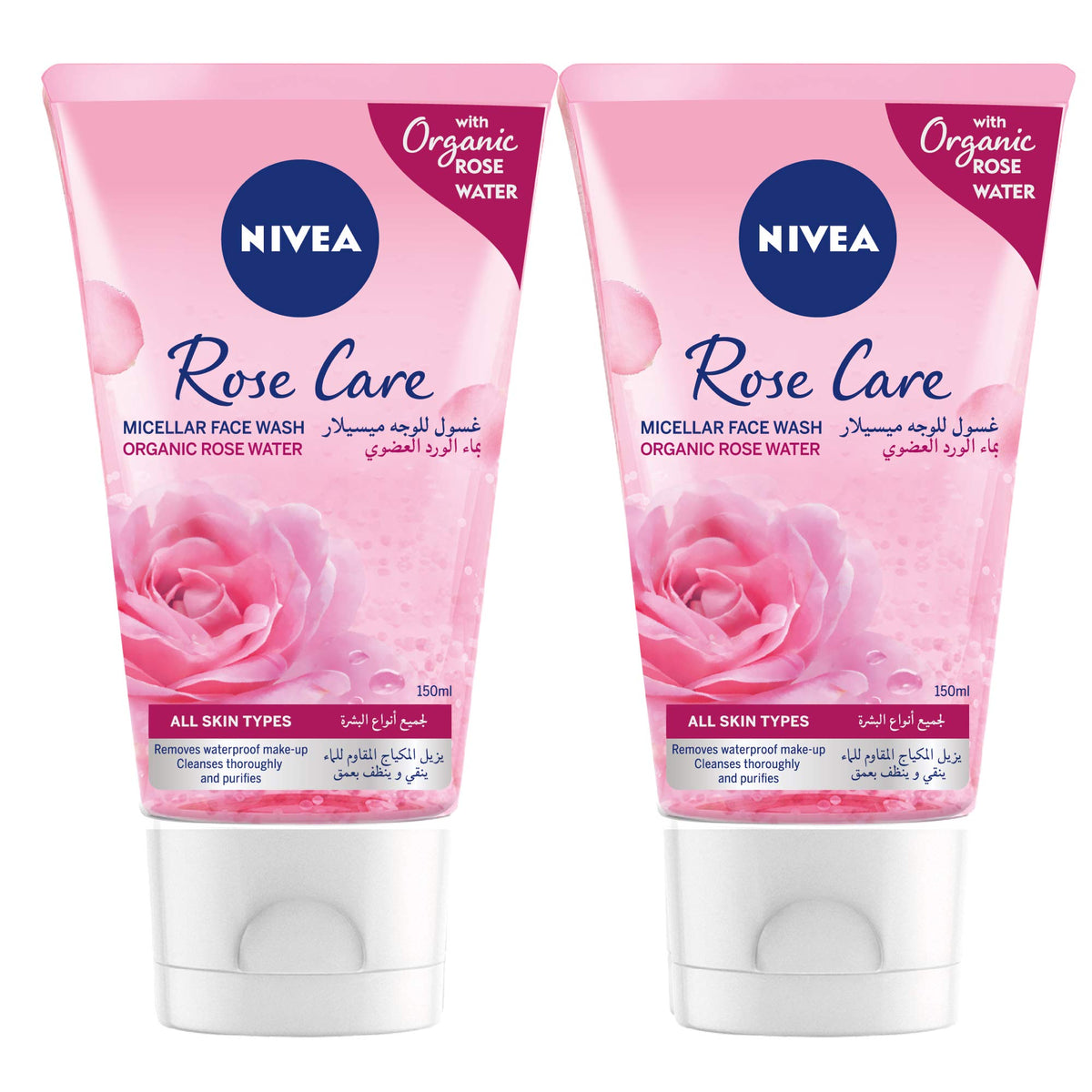 NIVEA Face Wash Micellar, Rose Care with Organic Rose, All Skin Types, 2x150ml