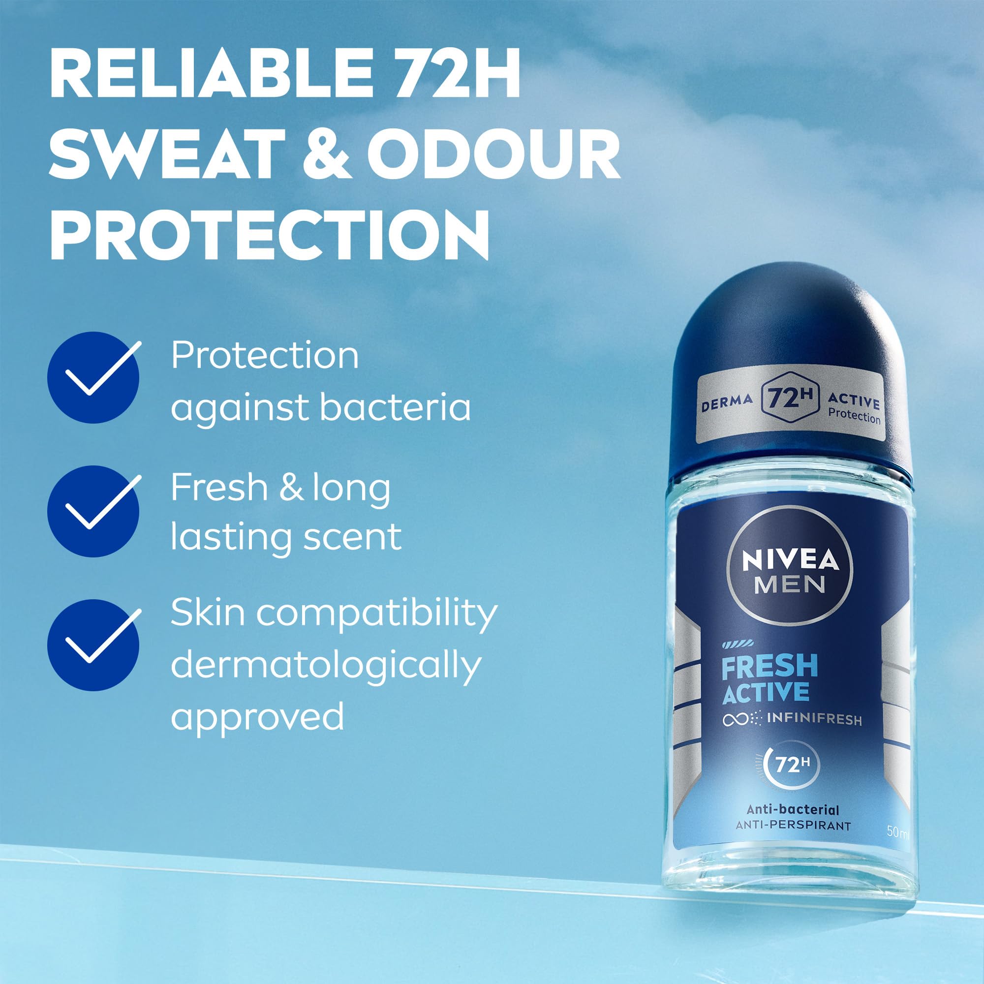 NIVEA MEN Antiperspirant Roll-on for Men, Fresh Active Fresh Scent, 50ml