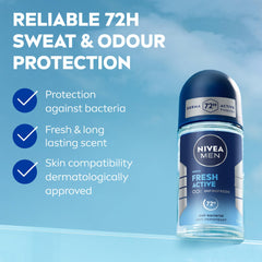 NIVEA MEN Antiperspirant Roll-on for Men, Fresh Active Fresh Scent, 50ml
