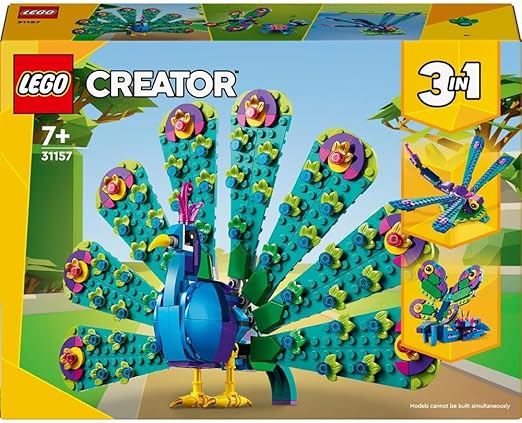 LEGO Creator 3in1 Exotic Peacock Toy to Dragonfly to Butterfly Figure Set, Small Animal Toys for 7 Plus Year Old Girls, Boys & Kids, Makes Great Desk Accessories, Gift Idea 31157