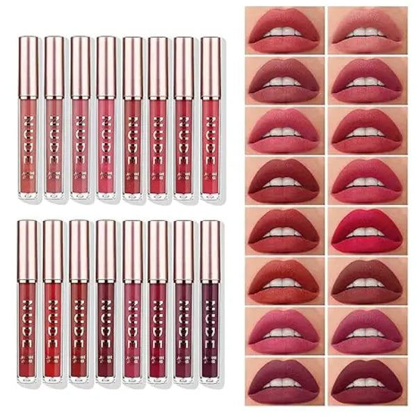 LANGMANNI Matte Liquid Lipstick Makeup Set Velvety Liquid Lipstick Long Lasting Durable Nude Lip Gloss Beauty Cosmetics Set for Girls and Women 16Pcs set