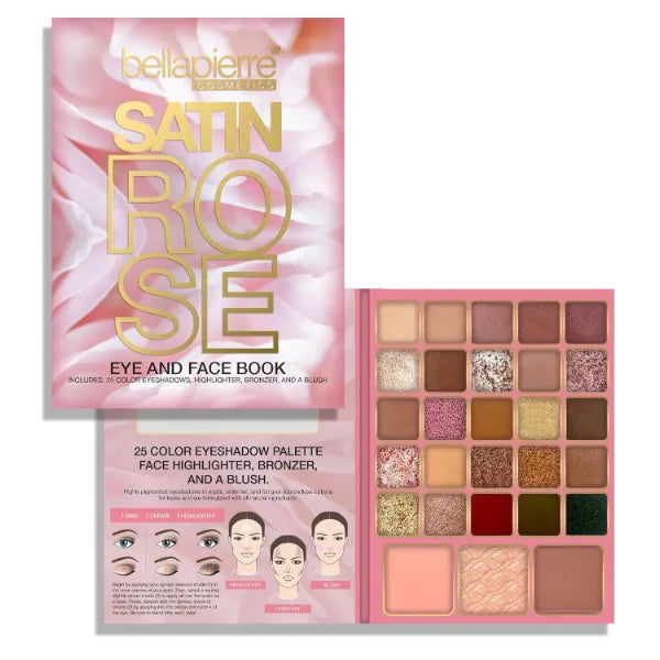 Bellapierre Satin Rose Face & Eye Book Palette | 25 Eyeshadow Shades with Blush, Bronzer, & Highlighter | Non-Toxic & Paraben Free, Vegan & Cruelty-Free
