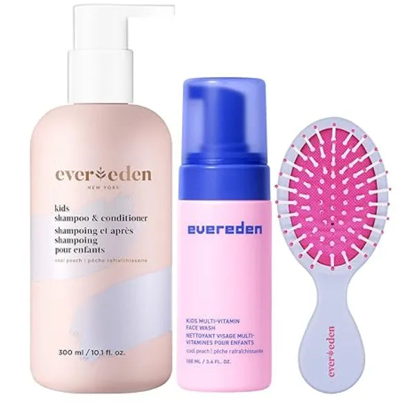 Evereden Kids Hair & Skin Care Set Kids 2 in 1 Shampoo and Conditioner, Face Wash, and Detangling Hair Brush Gentle, Clean and Non Toxic Cool Peach Scent