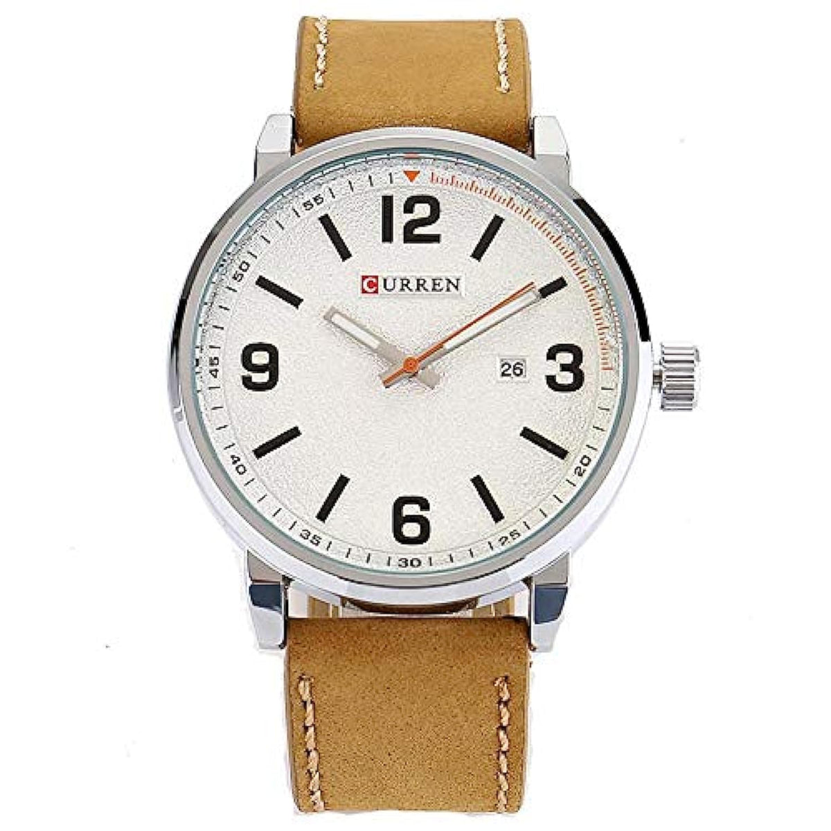 Curren 8218 Leather Round Analog With Date Display Brown, White Watch for Men - Brown