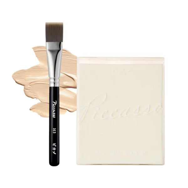 Piccasso Flawless Adherence Set – 163 Foundation Brush + 6P Latex Round Makeup Sponges, Korean Beauty Tools for Natural Glow & Smooth Base, Perfect for Dewy or Matte Finish