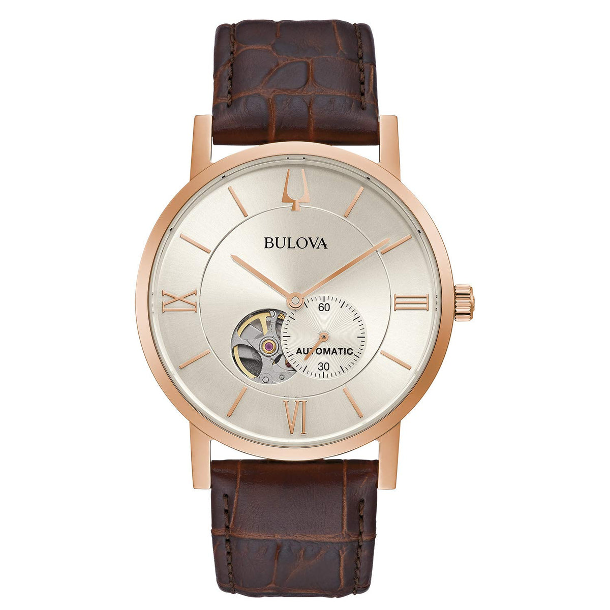 Bulova Men's Classic Dress 3-Hand 21- Jewel Automatic Watch, 42 Hour Reserve, Hack Feature, Sub-Second Hand, Open Aperture Dial, Exhibition Case Back, 42mm - Brown Leather/Rose Gold