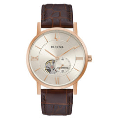 Bulova Men's Classic Dress 3-Hand 21- Jewel Automatic Watch, 42 Hour Reserve, Hack Feature, Sub-Second Hand, Open Aperture Dial, Exhibition Case Back, 42mm - Brown Leather/Rose Gold