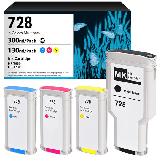 YeaImage 728 Ink Cartridges Compatible for HP DesignJet T830/ DesignJet 730 Large Format Plotter Printer Replacement for HP 728 IF9J68A F9J67A F9J66A F9J65A Ink Cartridge (4-Pack, 300-ml MB, 130-ml C/M/Y)
