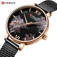 CURREN 9060 Flower Dial 3ATM Waterproof Stainless Steel Mesh Strap Quartz Watch for Women - Black