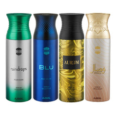 Ajmal Raindrops & Blu & Aurum & Wisal Deodorant Spray For Men 200ml each (Pack of 4, 800ml) + 4 Parfum Testers Free