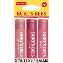 Burt's Bees Tinted Lip Balm Value Pack Includes 3 Lip Balms: Red Dahlia, Daisy and Rose; 8 Hour Moisture; Provides a Hint of Color; Nourishing Shea Butter; 100% Natural Origin; 3 Tubes; 3x0.15 Oz.