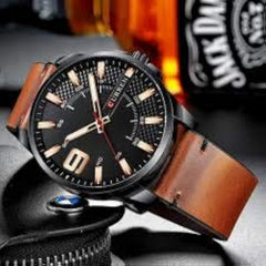 CURREN 8371 Men's Quartz Watch Water-resistant Large Dial Simple Leather Strap - Brown Black