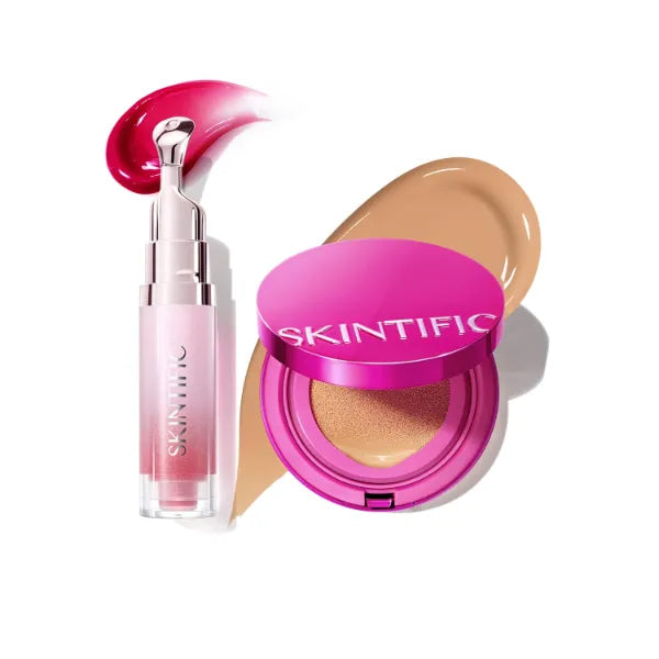 SKINTIFIC Pink Glow Cushion Foundation #04 Beige & Peptide Brightening Lip Serum #06 Cherry Red Set