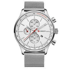 CURREN Watches Mens Brand Luxury Stainless Steel Quartz Watch Men Casual Waterproof Clock Men Sport Wristwatch (Silver white)