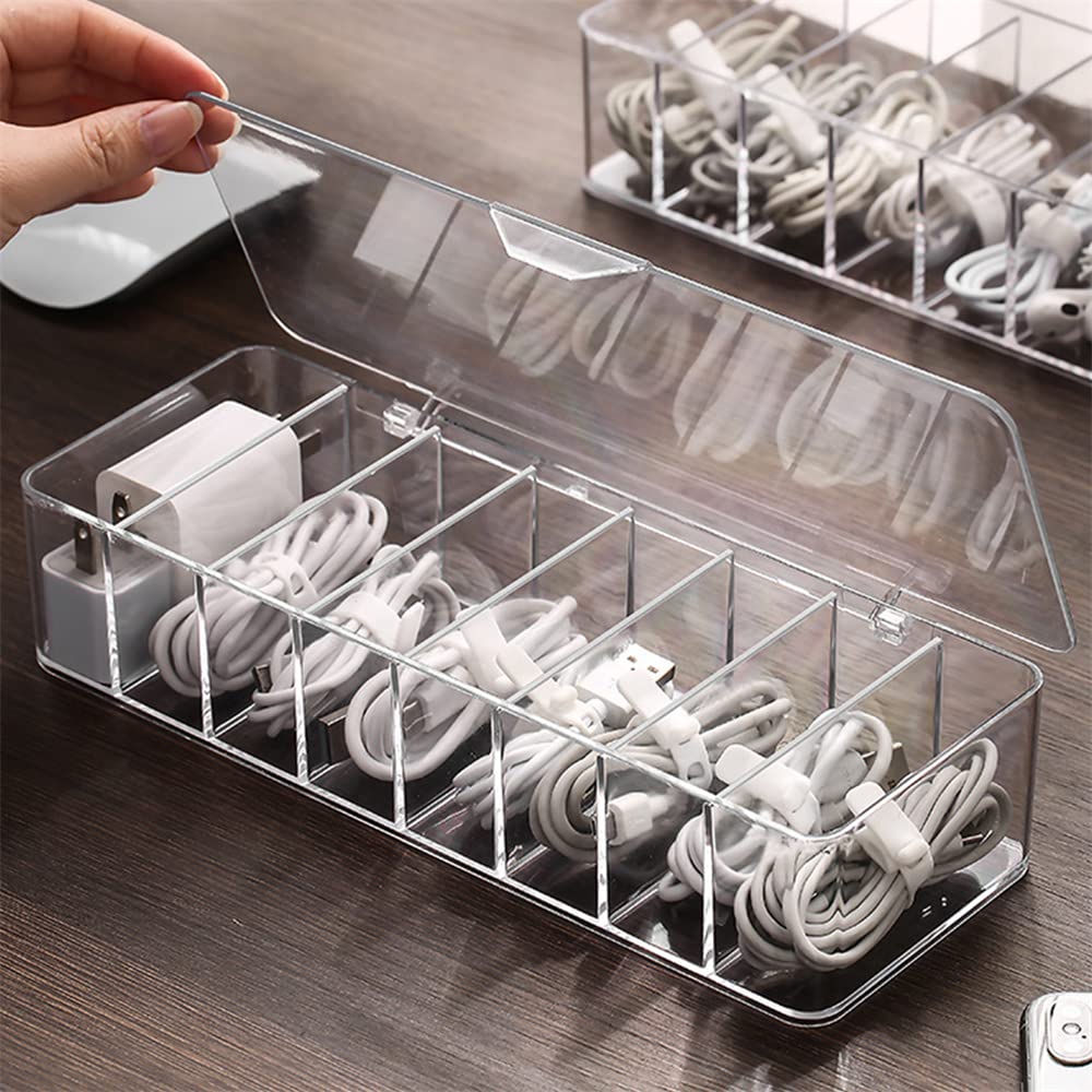 neotimely Data Cable Organizer Storage Box With Lid cables Organizer Box，Transparent Charger Cable Organiser ，Desk Accessories Storage Organizer Cable Management Tidy With 10 Cable Ties Straps