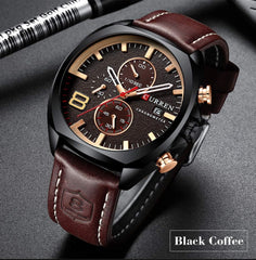 Herren-Armbanduhr mit Lederarmband, klassisch, lssig, Edelstahl, wasserdicht, Chronograph, Datum, analog, Quarzuhr - Black/gold