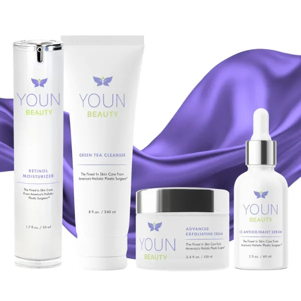 YOUN Beauty 5 Years Younger Skin Care System – Anti-Aging Skincare Set, Vitamin C Serum, Retinol Moisturizer, Green Tea Facial Cleanser & Wash-Off Exfoliating Cream