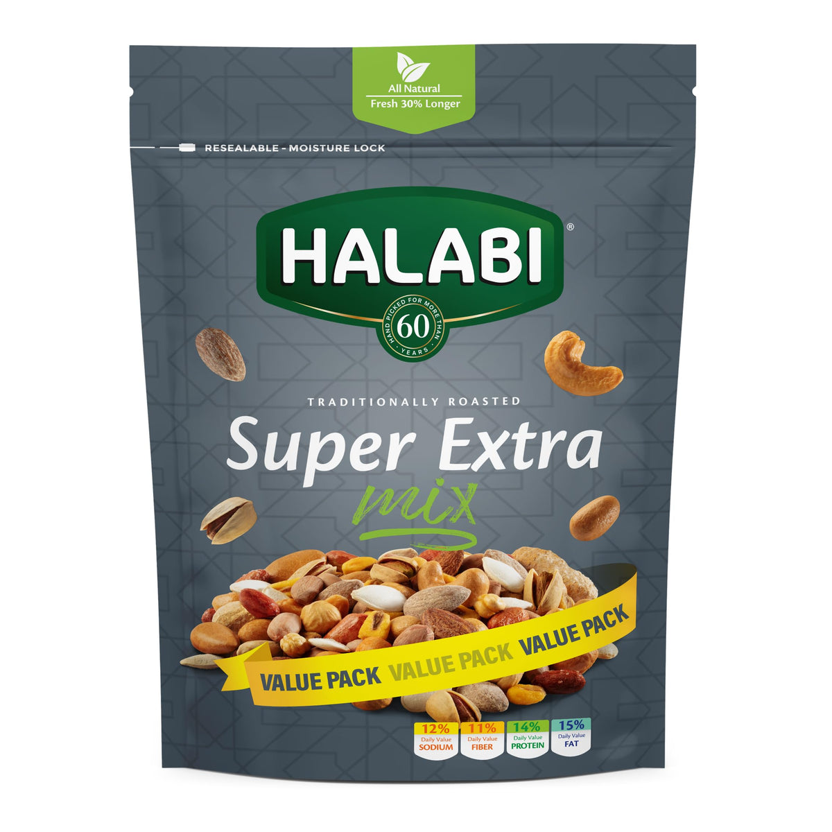 Halabi Super Extra Mix - Mixed Nuts, Peanuts, Cashews, Pistachios, Almonds, Chickpeas, Pumpkin Seeds, Hazelnuts, Corns Healthy Baked Snacks, Resealable Bag - 450g