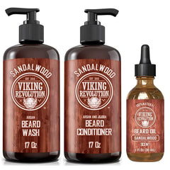 Viking Revolution Sandalwood Beard Wash and Beard Conditioner Kit for Men (17 Fl Oz each) and Sandalwood Beard Oil (1 Fl Oz) - Beard Softener, Strengthener and Moisturizer with Argan and Jojoba Oils