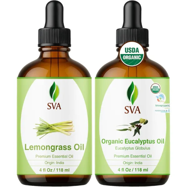SVA ORGANICS Eucalyptus and Lemongrass Essential Oil 4 oz Bundle – Premium Grade Value Set for Hair Oiling, Scalp Massage, Hair Care, Skin Care and Body Massage