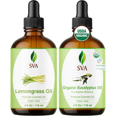 SVA ORGANICS Eucalyptus and Lemongrass Essential Oil 4 oz Bundle – Premium Grade Value Set for Hair Oiling, Scalp Massage, Hair Care, Skin Care and Body Massage