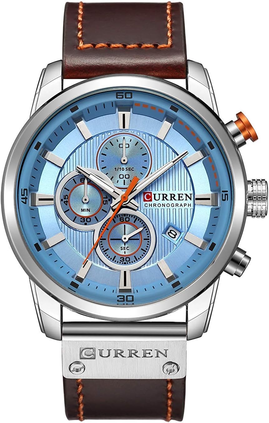Herren-Armbanduhr mit Lederarmband, klassisch, lssig, Edelstahl, wasserdicht, Chronograph, Datum, analog, Quarzuhr - blue