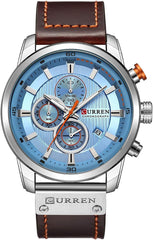 Herren-Armbanduhr mit Lederarmband, klassisch, lssig, Edelstahl, wasserdicht, Chronograph, Datum, analog, Quarzuhr - blue