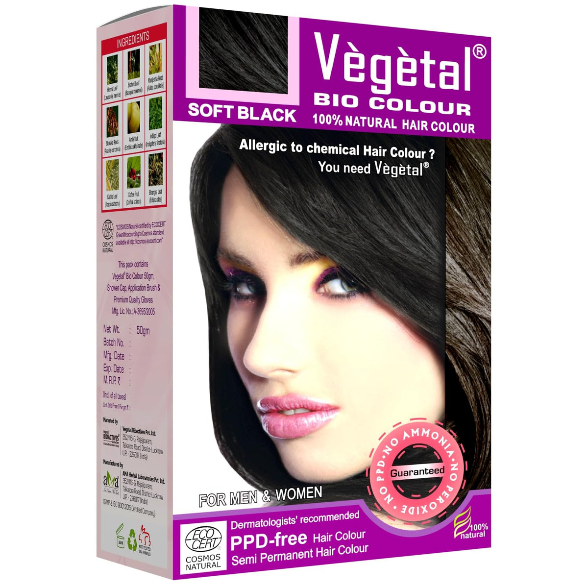 Vegetal Bio Hair Colour - Soft Black 50g Achieve Natural, Ammonia-Free Hair Color PPD-Free, 100% Herbal Certified Organic for Men and Women UV Protection and Luster Maintenance Complete Kit