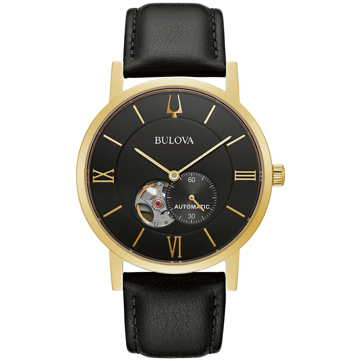 Bulova Men's Classic Dress 3-Hand 21- Jewel Automatic Watch, 42 Hour Reserve, Hack Feature, Sub-Second Hand, Open Aperture Dial, Exhibition Case Back, 42mm - Black Leather/Gold Tone