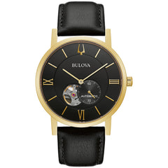 Bulova Men's Classic Dress 3-Hand 21- Jewel Automatic Watch, 42 Hour Reserve, Hack Feature, Sub-Second Hand, Open Aperture Dial, Exhibition Case Back, 42mm - Black Leather/Gold Tone