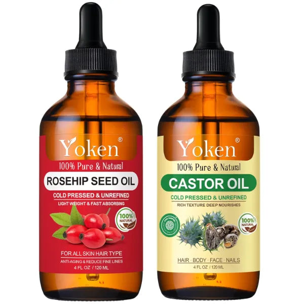 Yoken Rosehip Seed Oil 4oz & Castor Oil 4oz Set: in Glass Dropper Bottle, 100% Pure & Natural, EWG Verified Organic, Cold Pressed, Hexane Free - Best Facial Oils Hair Oil Nail Oil, Deeply Moisturizing