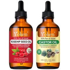 Yoken Rosehip Seed Oil 4oz & Castor Oil 4oz Set: in Glass Dropper Bottle, 100% Pure & Natural, EWG Verified Organic, Cold Pressed, Hexane Free - Best Facial Oils Hair Oil Nail Oil, Deeply Moisturizing