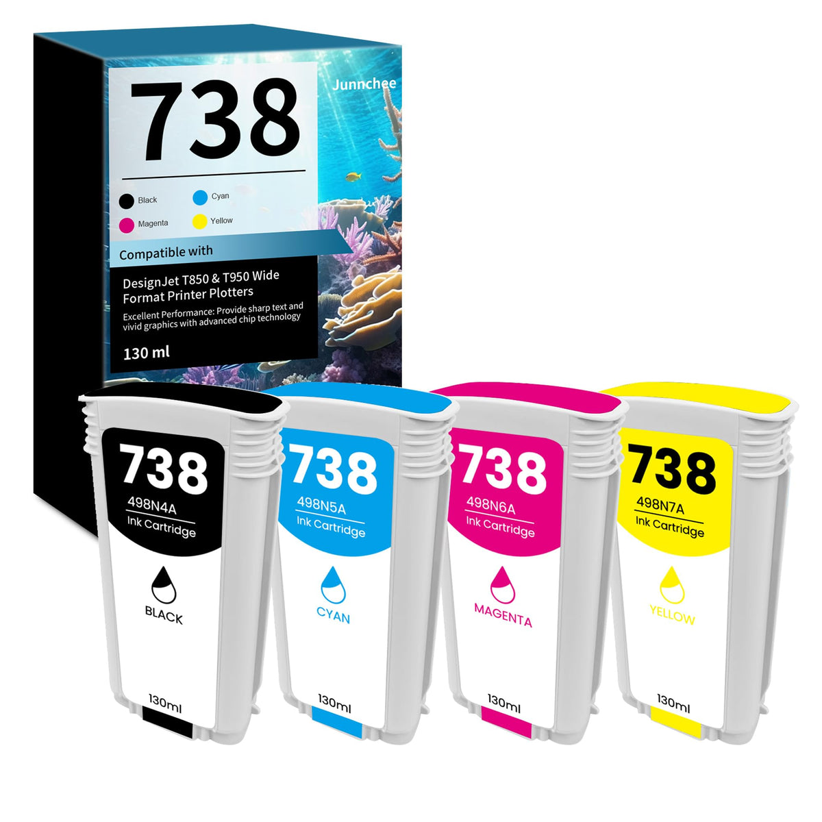738 Replacement Ink Cartridge for HP 738 Printer, 130ml Black, Cyan, Magenta, Magenta, and Yellow for Designjet T850 T950 Wide Format Printers 498N5A 498N6A 498N7A 498N4A (Pack of 4)