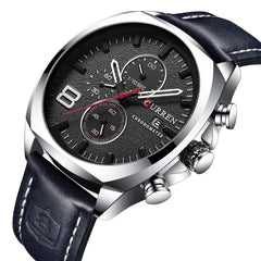 CURREN Quartz Watches for Men's Original Brand Multi-function Calendar style Waterproof Boys Leather Wrist Watch 8324 - Navy blue