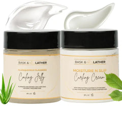 BASK & LATHER Curly Hair Kit for Coils & Curls – Curl Cream & Flaxseed Coiling Jelly Duo, Definition, Hydration & Shine, Natural, Paraben-Free, 8 oz Each