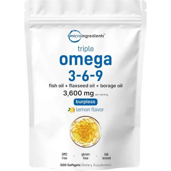 Micro Ingredients Ultra Omega 3-6-9 3600mg Per Serving, 300 Burpless Softgels | Lemon Flavor – Blend of Fish, Flaxseed, Borage Oils | Bioavailable Source, Non-GMO, No Gluten, Mercury Free