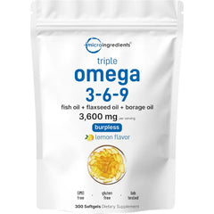 Micro Ingredients Ultra Omega 3-6-9 3600mg Per Serving, 300 Burpless Softgels | Lemon Flavor – Blend of Fish, Flaxseed, Borage Oils | Bioavailable Source, Non-GMO, No Gluten, Mercury Free